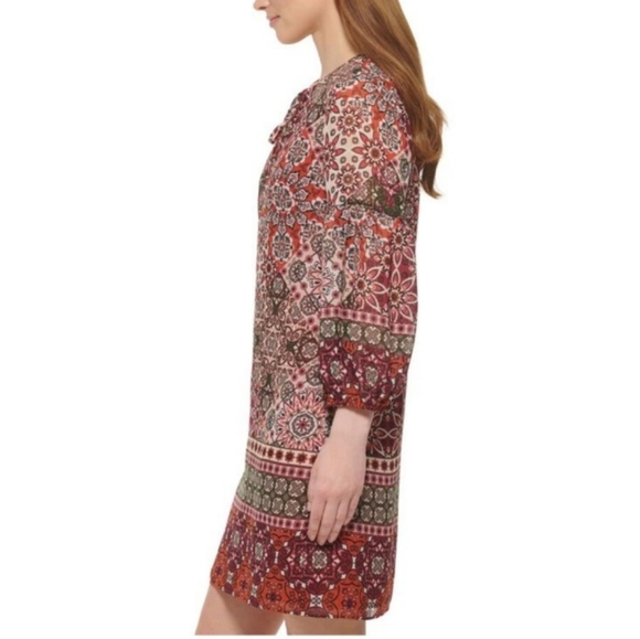 VINCE CAMUTO Womens Orange Tie Lined 3/4 Sleeve Split Shift Dress sz 8 - Picture 3 of 10